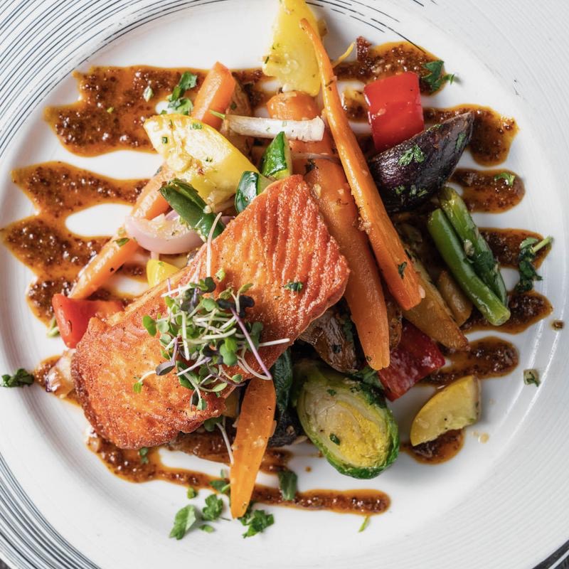 Seared salmon with market vegetables — a Redwood Café signature